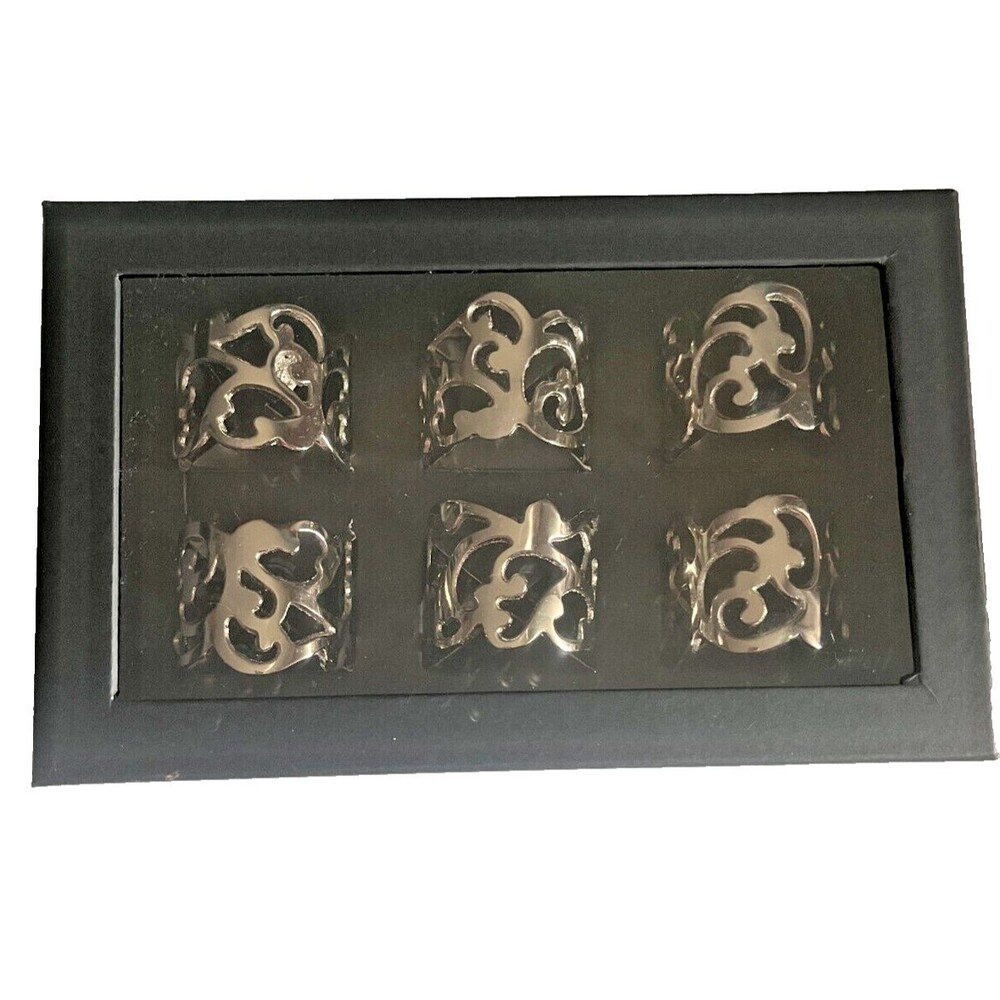 Nicole Miller Napkin Rings Silver Abstract Pattern Set of 6 Holiday 2" Wide